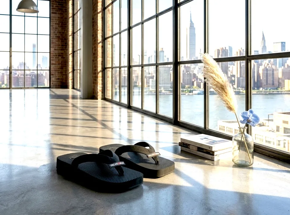 A pair on a sunlit floor by tall city windows