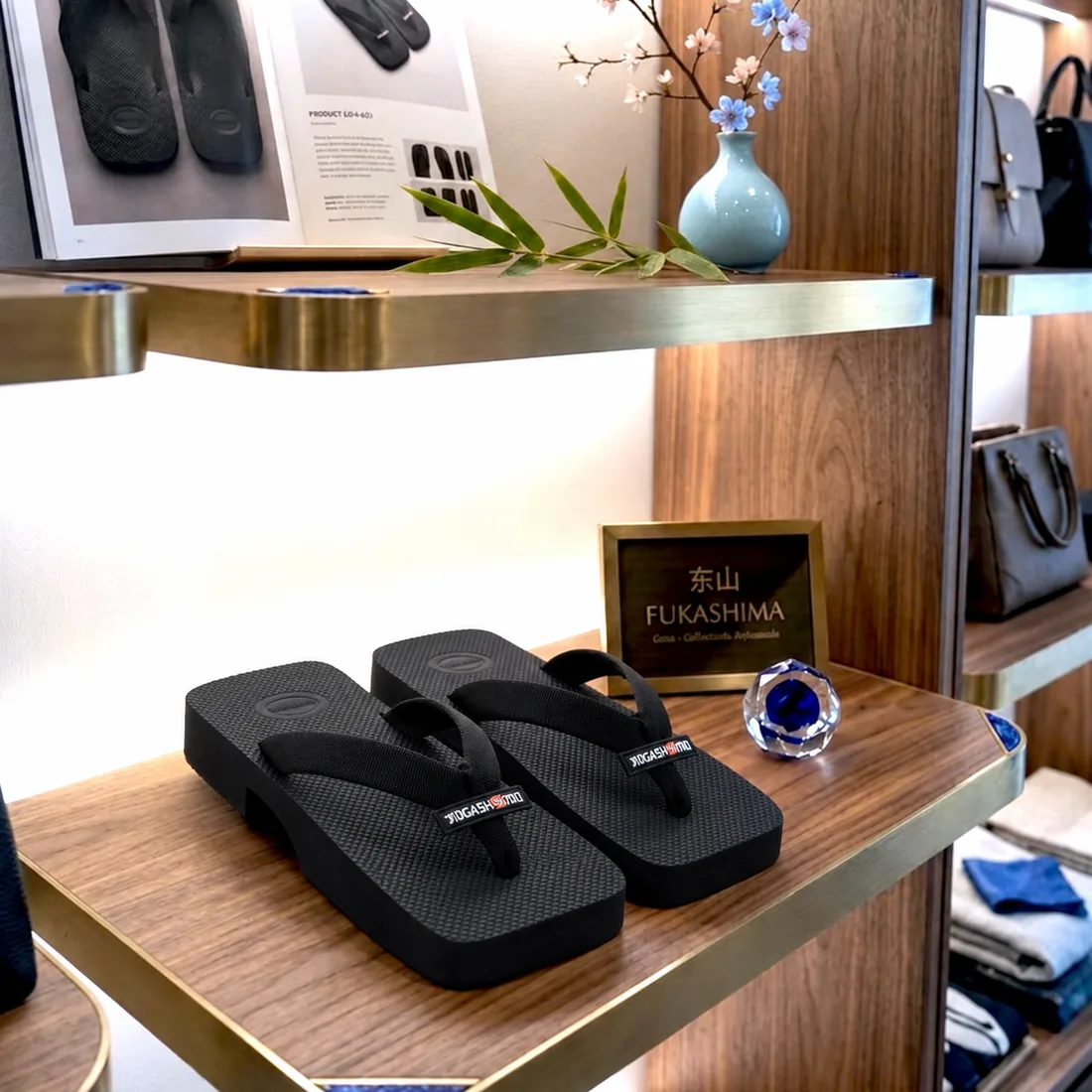 A pair on a boutique shelf