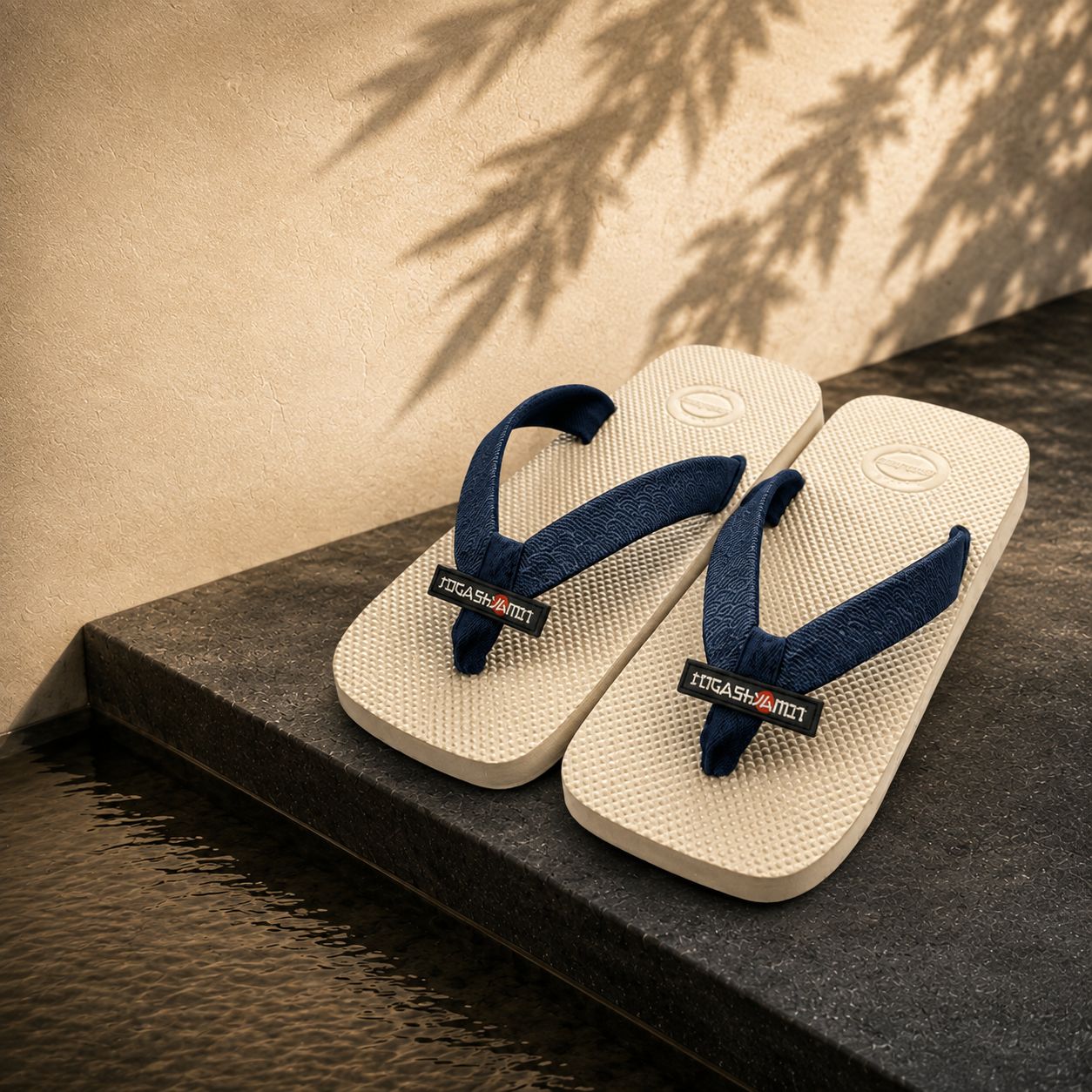 Indigo colourway — Ivory sole, Indigo strap with Seigaiha pattern