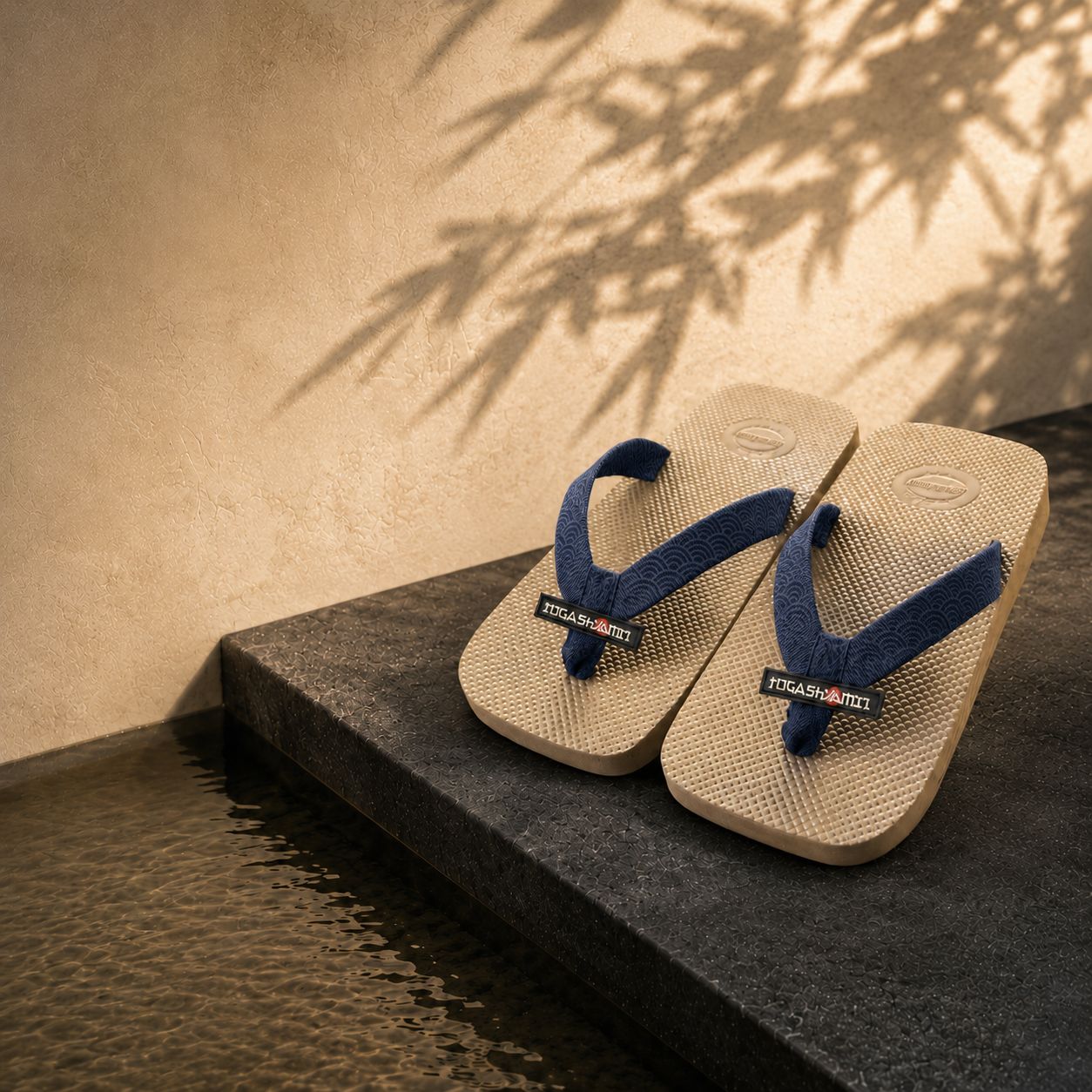 Earth colourway — Sand Beige sole, Indigo strap with Seigaiha pattern