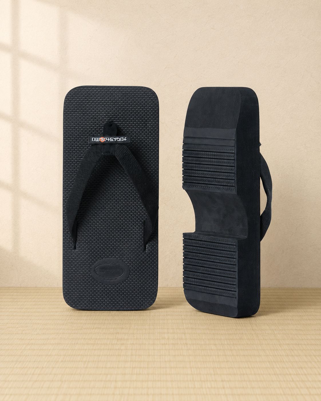Front and profile — the signature form seen straight on, footbed texture, webbing strap and the platform edge in one view